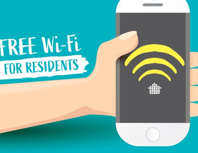 "Free Wi-Fi for Residents" - illustration of hand holding smart phone.