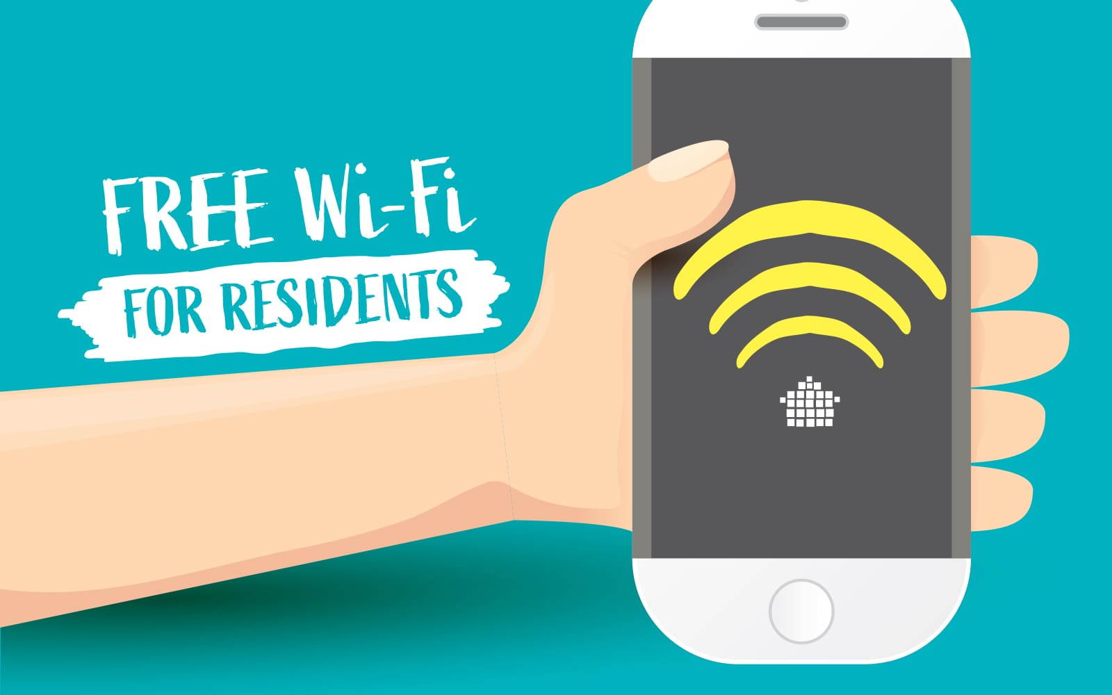 "Free Wi-Fi for Residents" - illustration of hand holding smart phone.