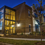 North Sarah Exterior Night Multi-Use Building exterior at night.