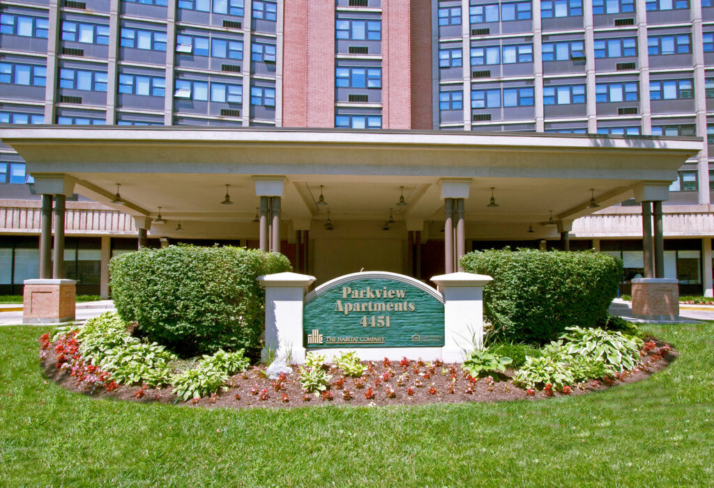 Parkview Elderly building exterior with entrance signage.