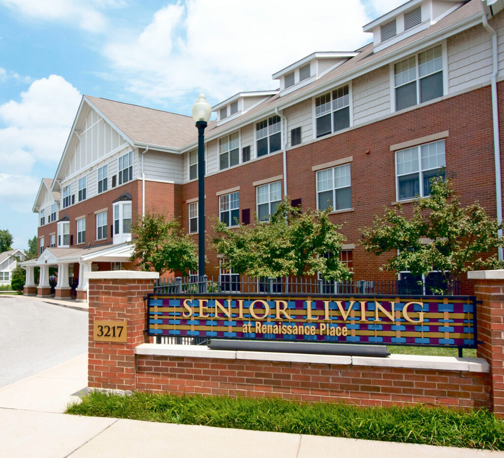 Senior Living at Renaissance Place building exterior with entrance signage.