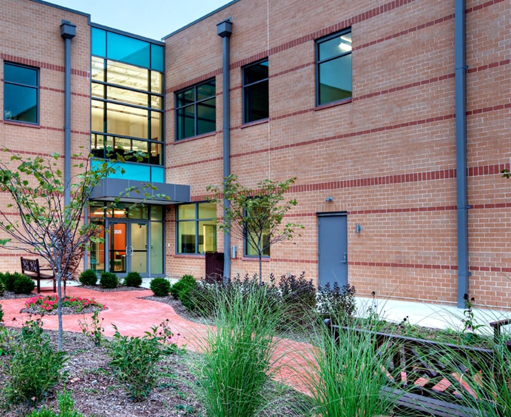 exterior photo of SLHA office building courtyard.